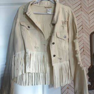 NWT Ivory Distressed Denim Fringe Jacket